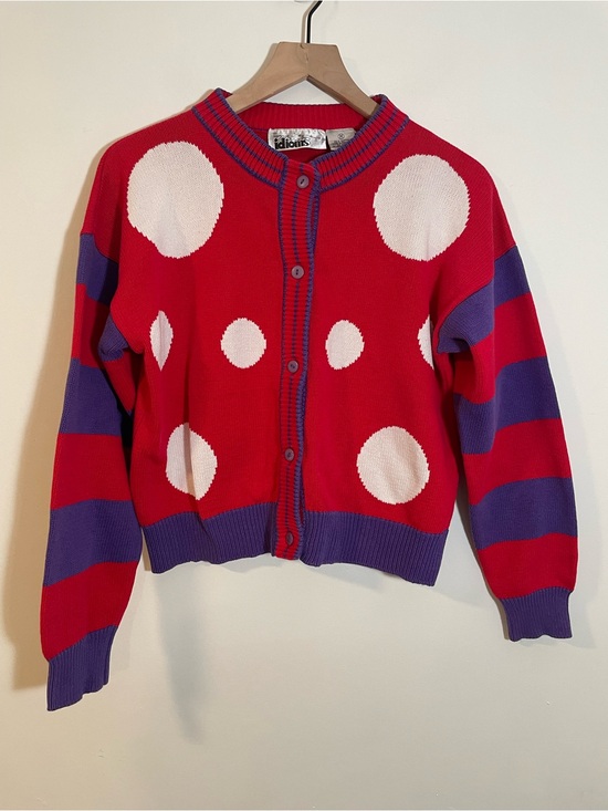 Idioms Sweaters - Vintage Idioms Cardigan Sweater Twee Circles Stripes Red & Purple Size Medium